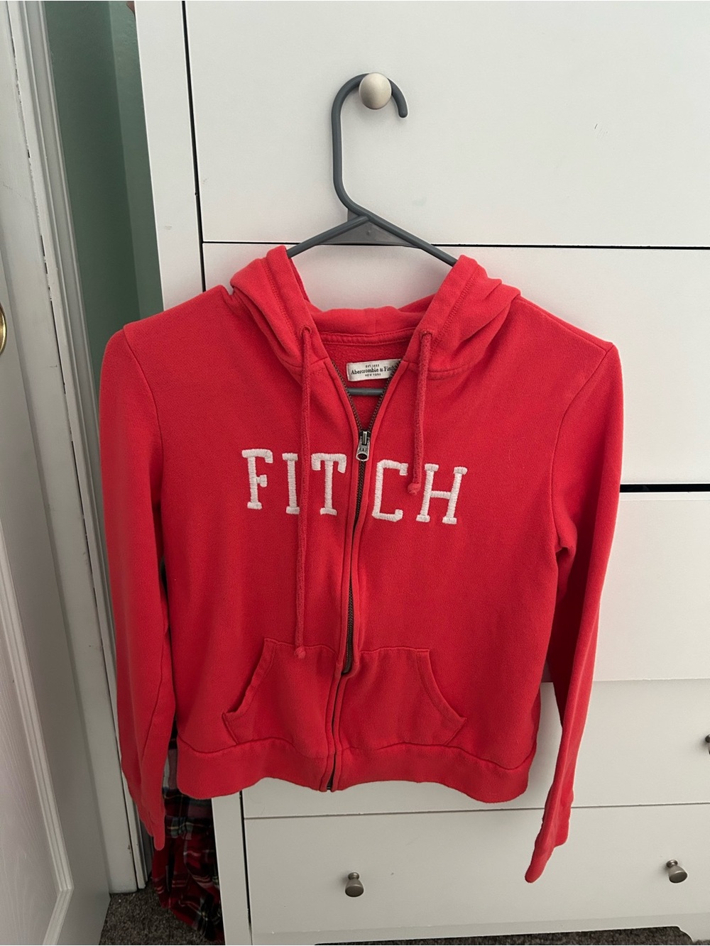 Abercrombie & Fitch Coral Red Zip Hoodie with White Lettering